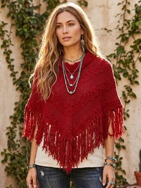 LANART Red Fringed textured alpaca Poncho small